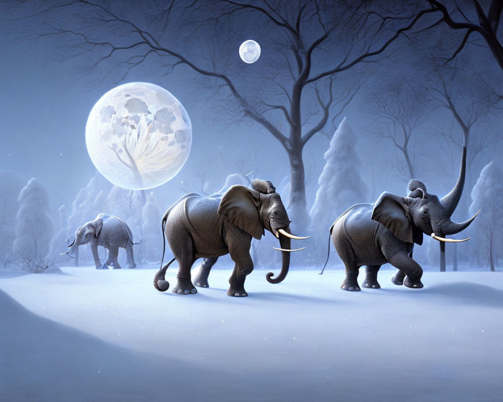 Three elephants in snowy night landscape with full moon and trees