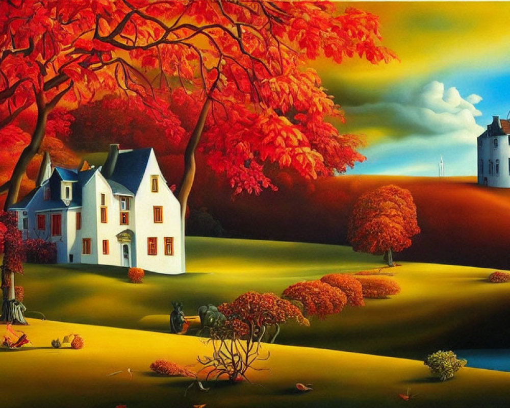 Surrealist landscape with white house, red trees, windmill, ship, and oversized fruits