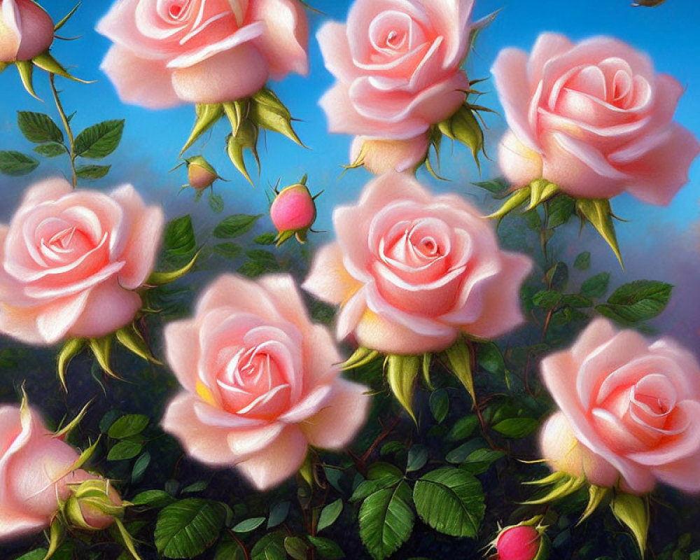 Detailed Illustration of Blooming Pink Roses on Soft Blue and Pink Background