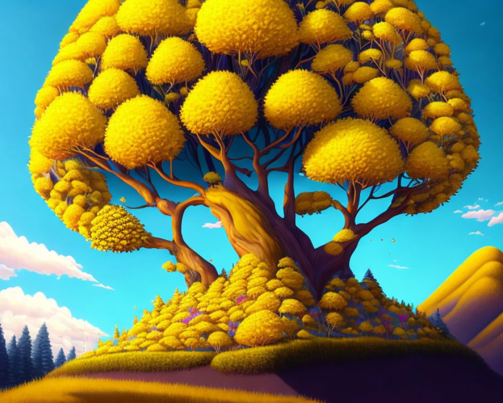 Colorful whimsical landscape with large stylized tree and bright yellow foliage under a blue sky.