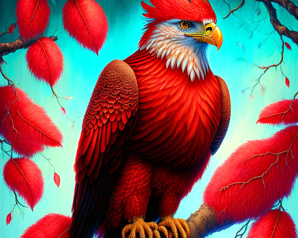 Vibrant red eagle perched on branch amidst fluttering leaves.