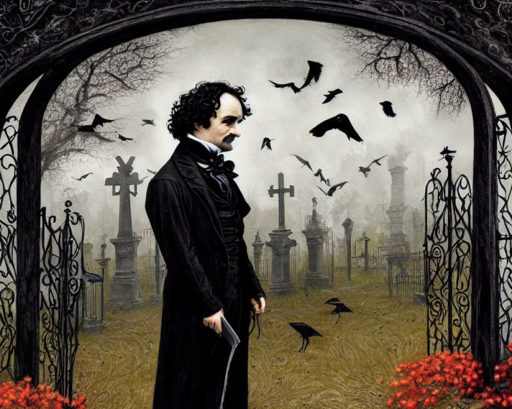 Man in 19th-Century Attire in Gothic Graveyard with Ravens and Red Flowers