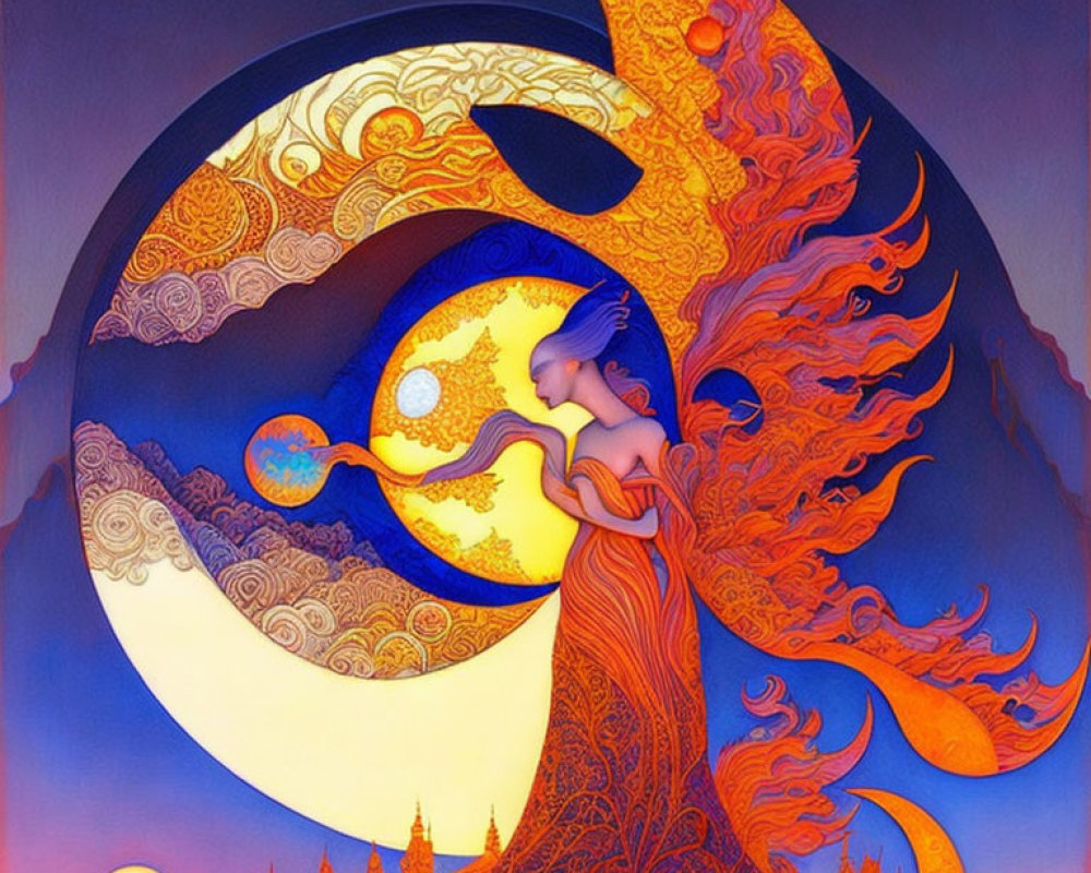 Colorful Artwork: Stylized Woman with Yin-Yang Symbol in Ornate Background