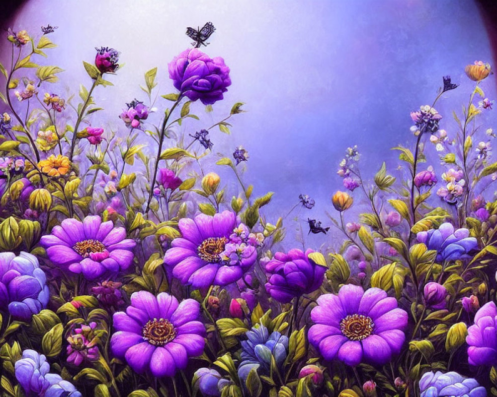 Vibrant garden illustration with purple flowers, green foliage, and hovering bees.