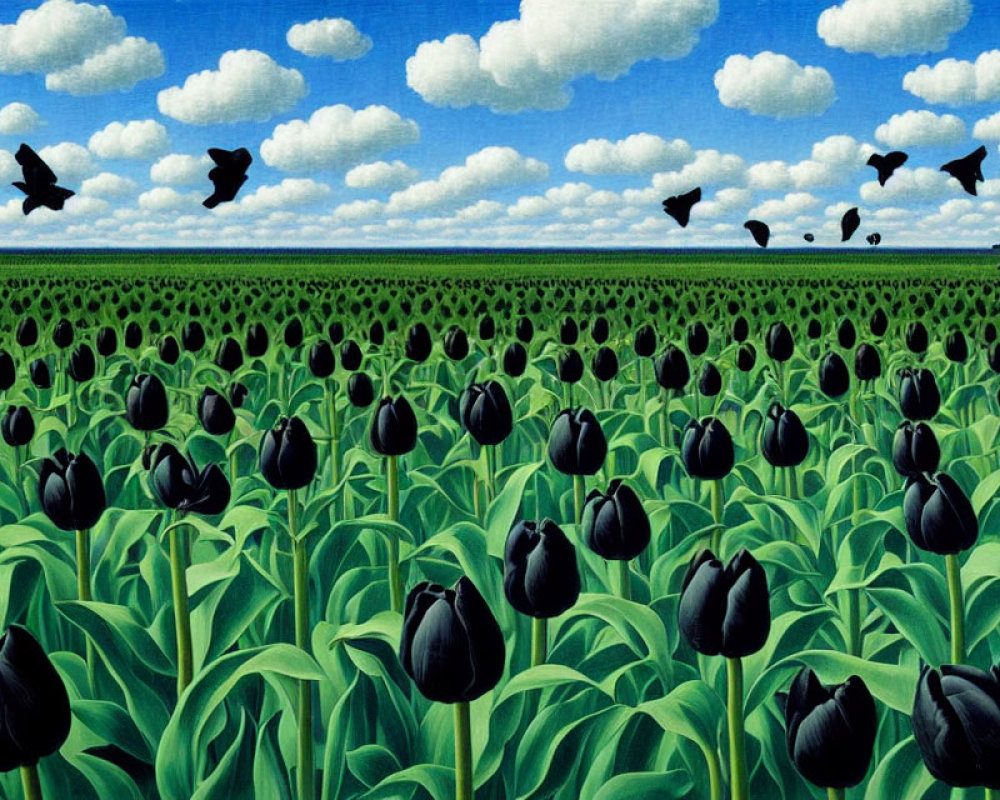 Surreal black tulips in field under blue sky with birds