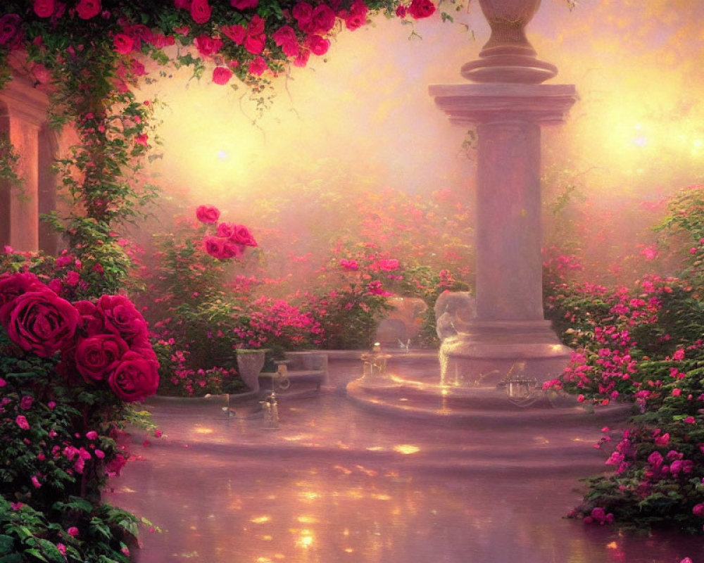 Tranquil garden with pink roses, classical column, and serene fountain