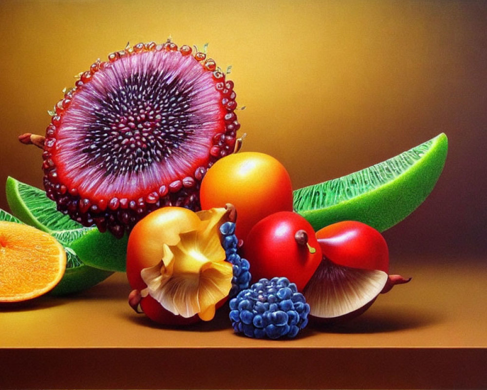 Colorful still life painting of assorted fruits with water droplets