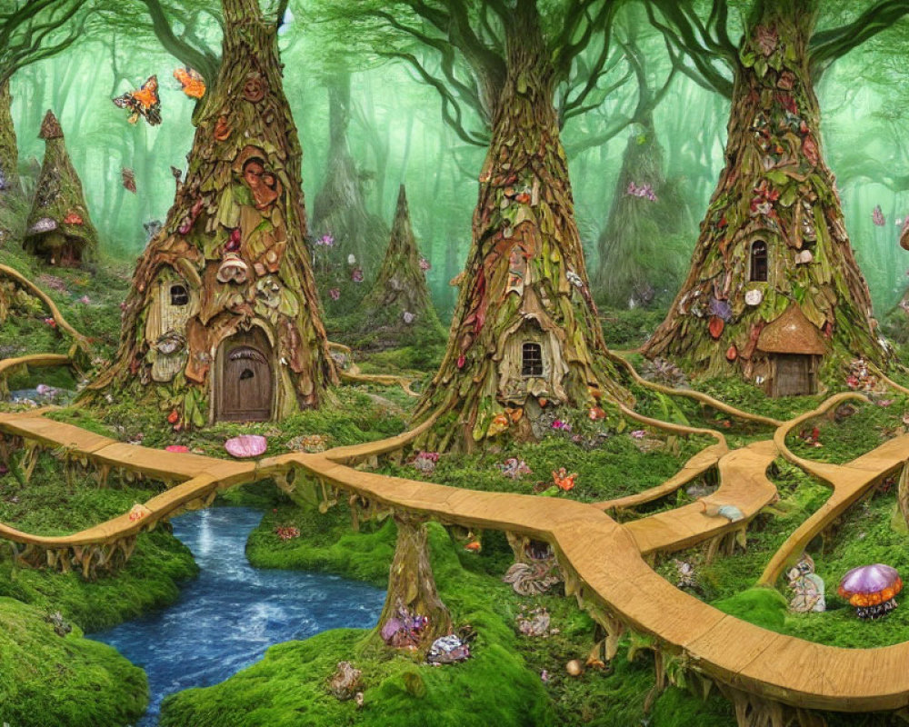 Whimsical treehouses and colorful butterflies in enchanted forest scene