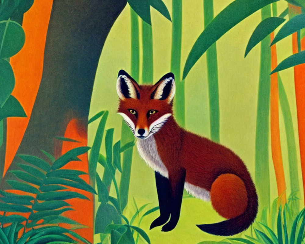 Stylized red fox in vibrant green forest with large leaves