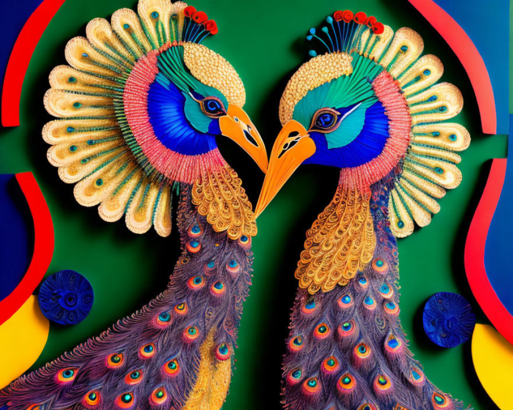 Vibrant peacock figures on green background with abstract patterns