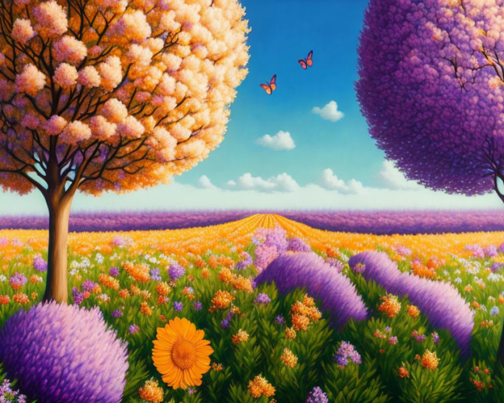 Colorful Flower Field Painting with Path, Trees, and Butterflies