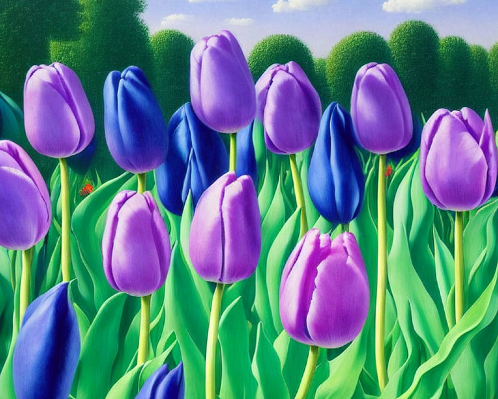 Vibrant purple and blue tulips in a colorful painting