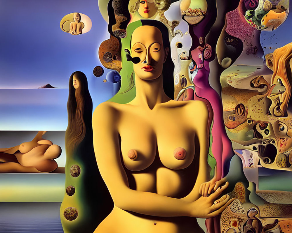 Surrealist painting with exaggerated figure and abstract shapes