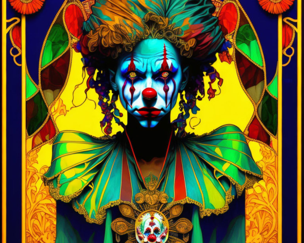 Colorful artwork of a clown with intricate face paint and elaborate headwear on stained-glass background