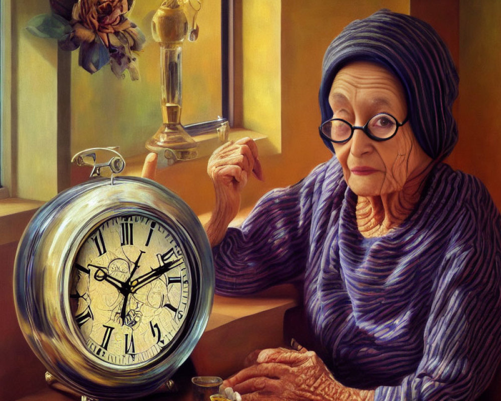 Elderly woman with glasses and headscarf by clock, rose, and lamp.