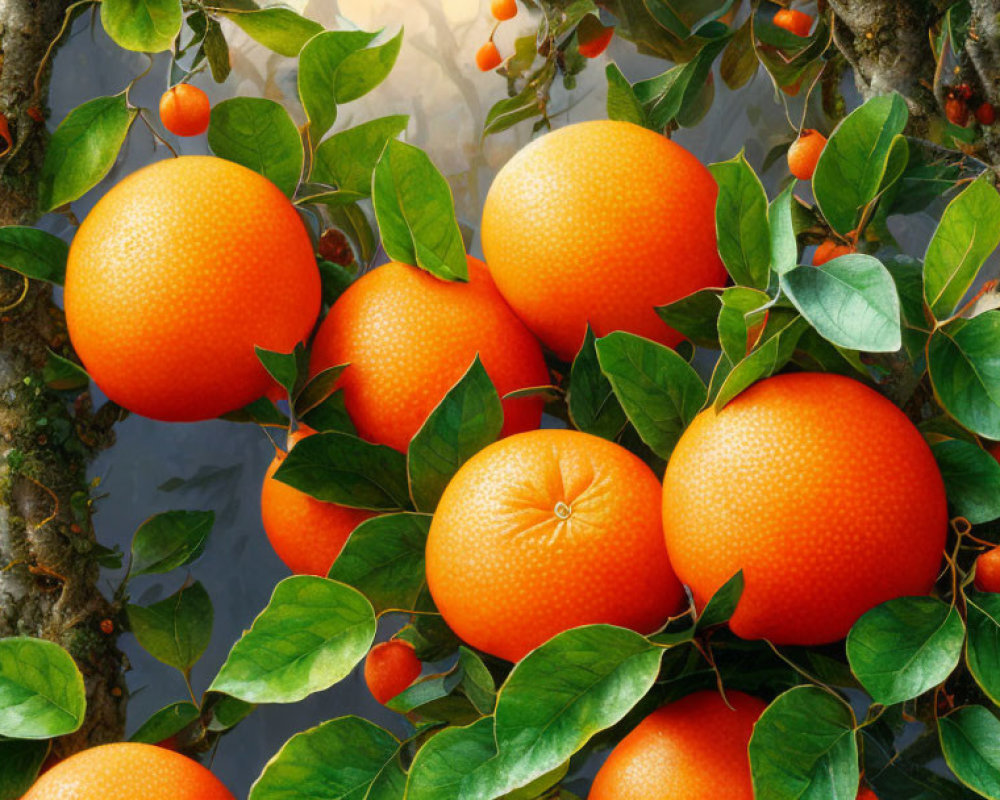 Fresh Oranges on Tree with Green Leaves and Fruit in Background