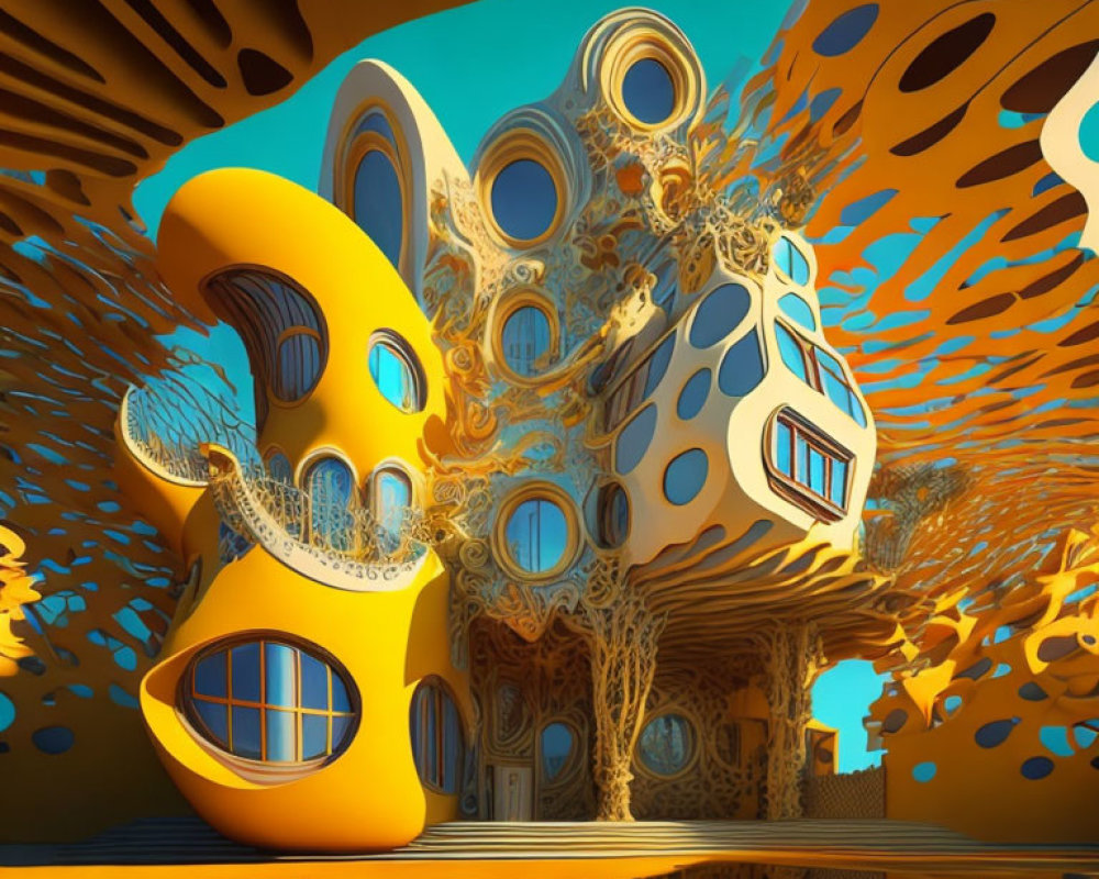 Fluid Organic Architecture in Vibrant Yellow and Blue Sky