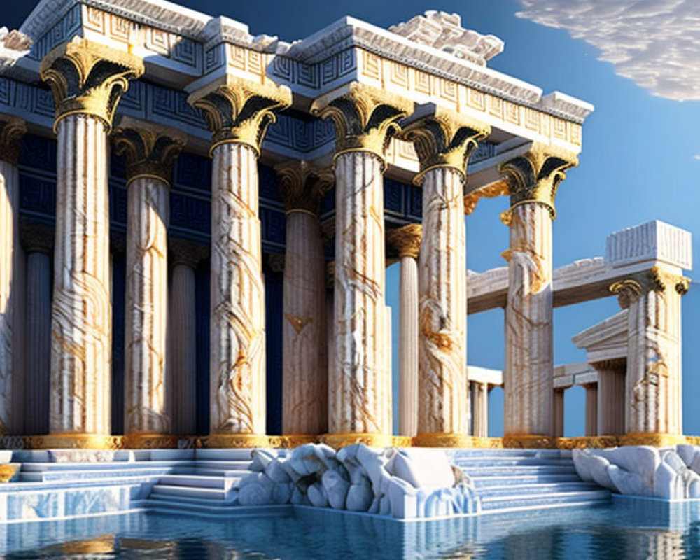 Ancient Greek temple with ornate columns in serene pool under clear sky