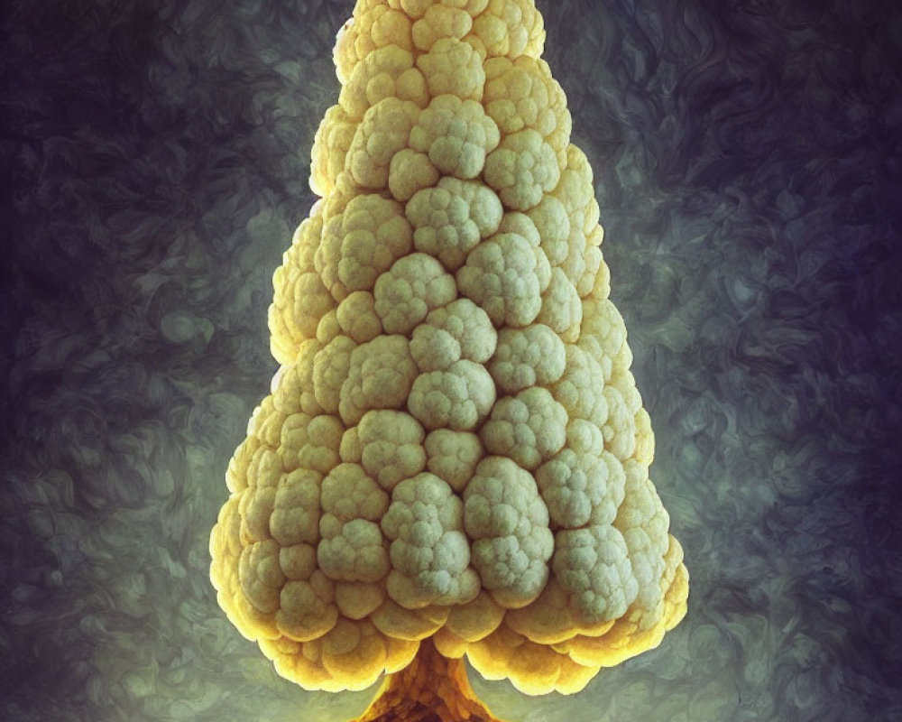 Nuclear explosion illustration with cauliflower texture on dark, swirling background