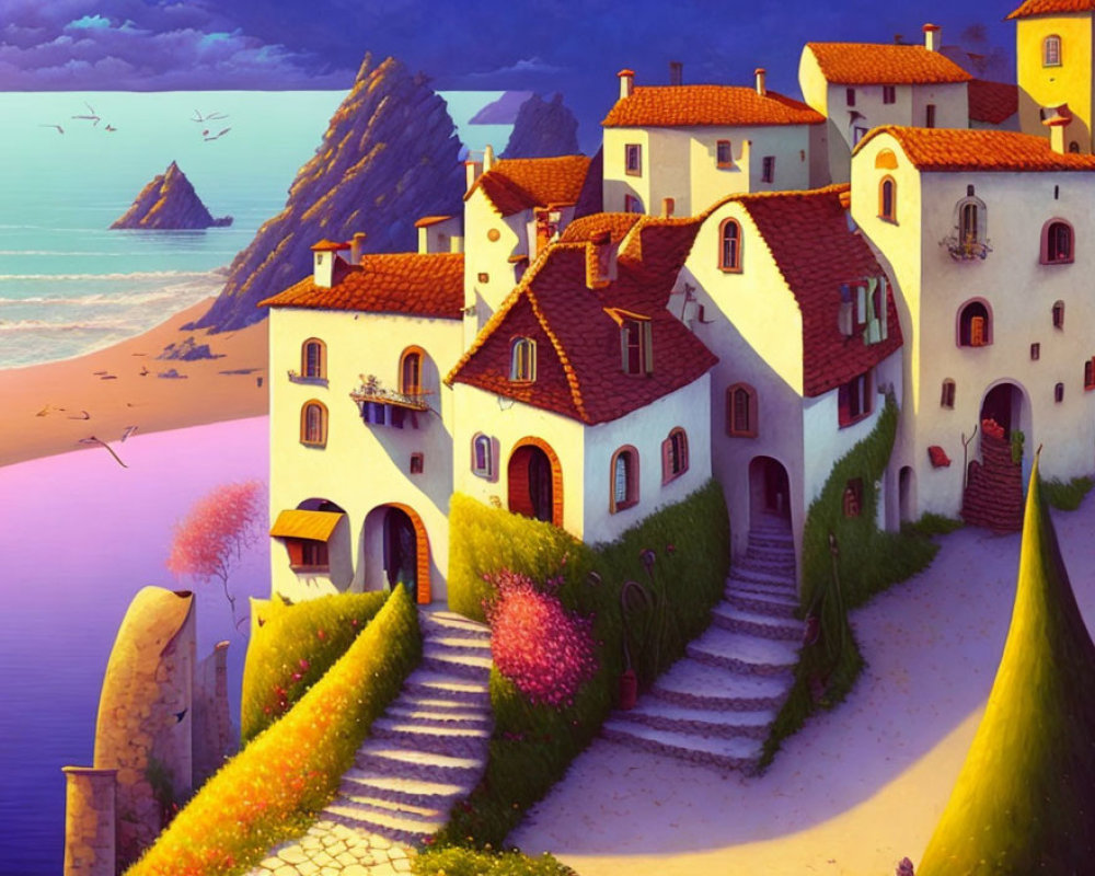 Colorful Coastal Mediterranean Village Illustration at Sunset