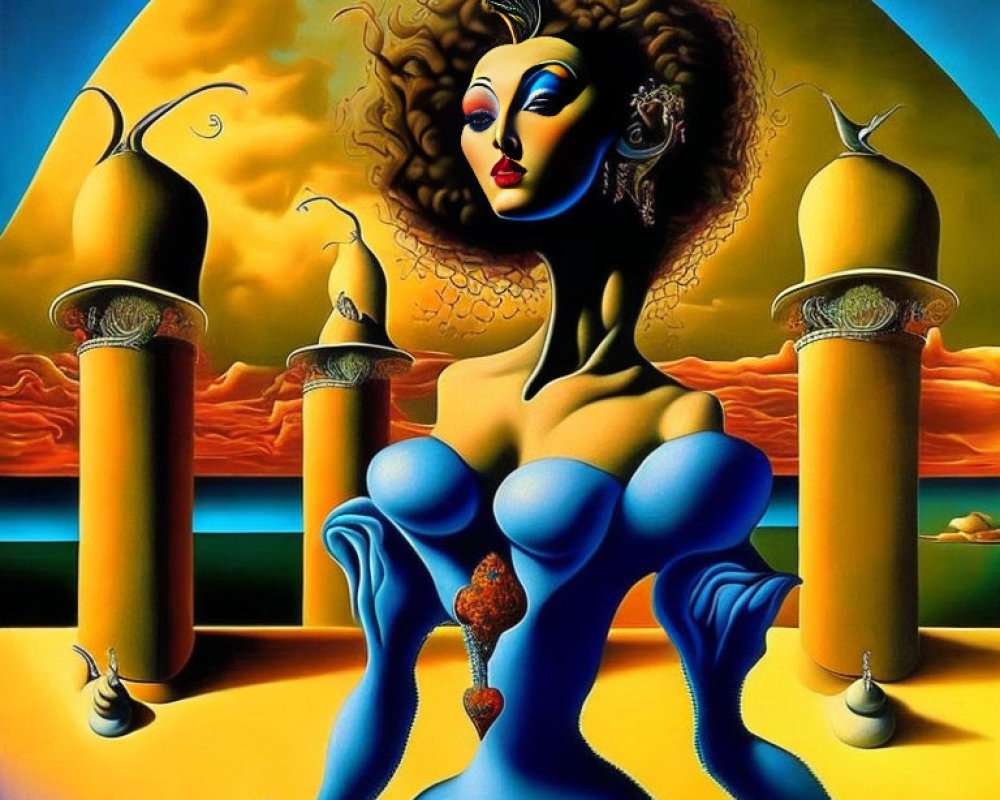 Surreal painting of blue-skinned anthropomorphic female in golden landscape