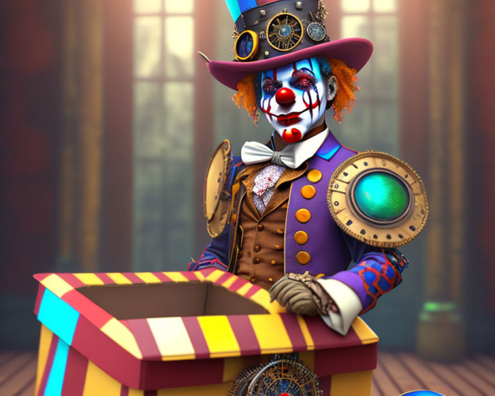 Steampunk-style clown in colorful attire and top hat emerging from a striped box in gear-filled room