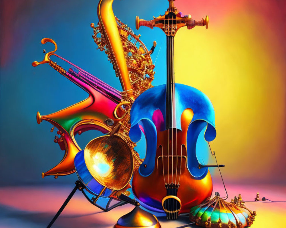 Colorful Musical Instruments Composition on Gradient Background