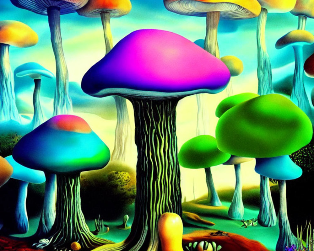 Colorful oversized mushrooms in surreal landscape with gradient sky