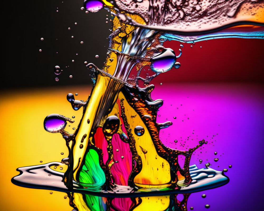 Colorful liquid splashes on rainbow gradient backdrop captured in high-speed photograph