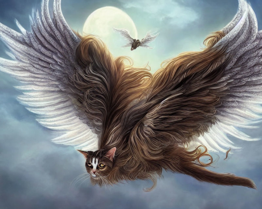 Brown and White Winged Cat Flying in Cloudy Sky with Full Moon