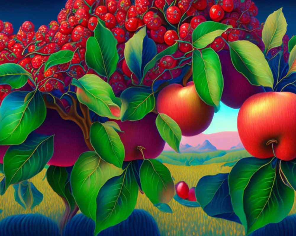 Colorful illustration of ripe apples and berries in a scenic landscape