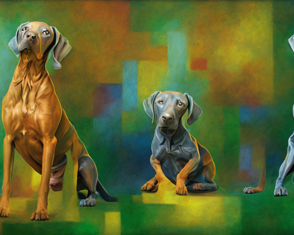 Three Weimaraner Dogs in Artistic Style on Colorful Geometric Background