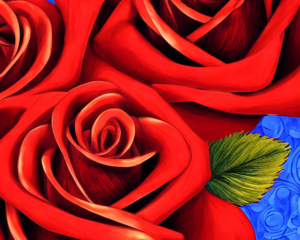 Detailed Digital Painting of Red Roses on Textured Blue Background