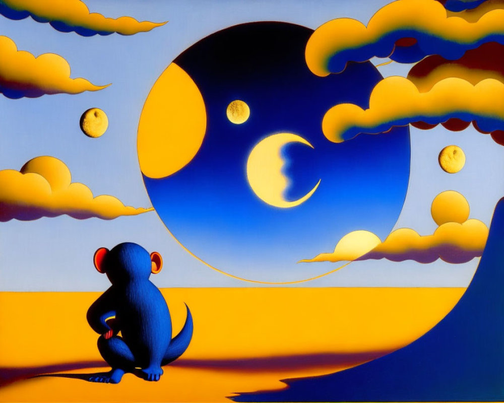 Surreal painting of blue mouse under moons and clouds