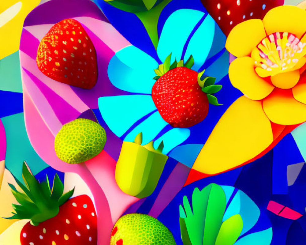 Colorful abstract mosaic background with 3D strawberries and flowers