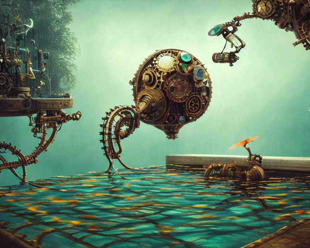 Surreal steampunk scene featuring mechanical seahorse and figures in foggy setting