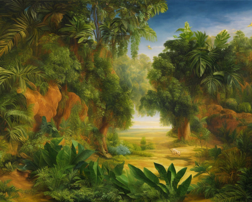 Lush jungle with towering trees, green foliage, serene clearing, and grazing deer