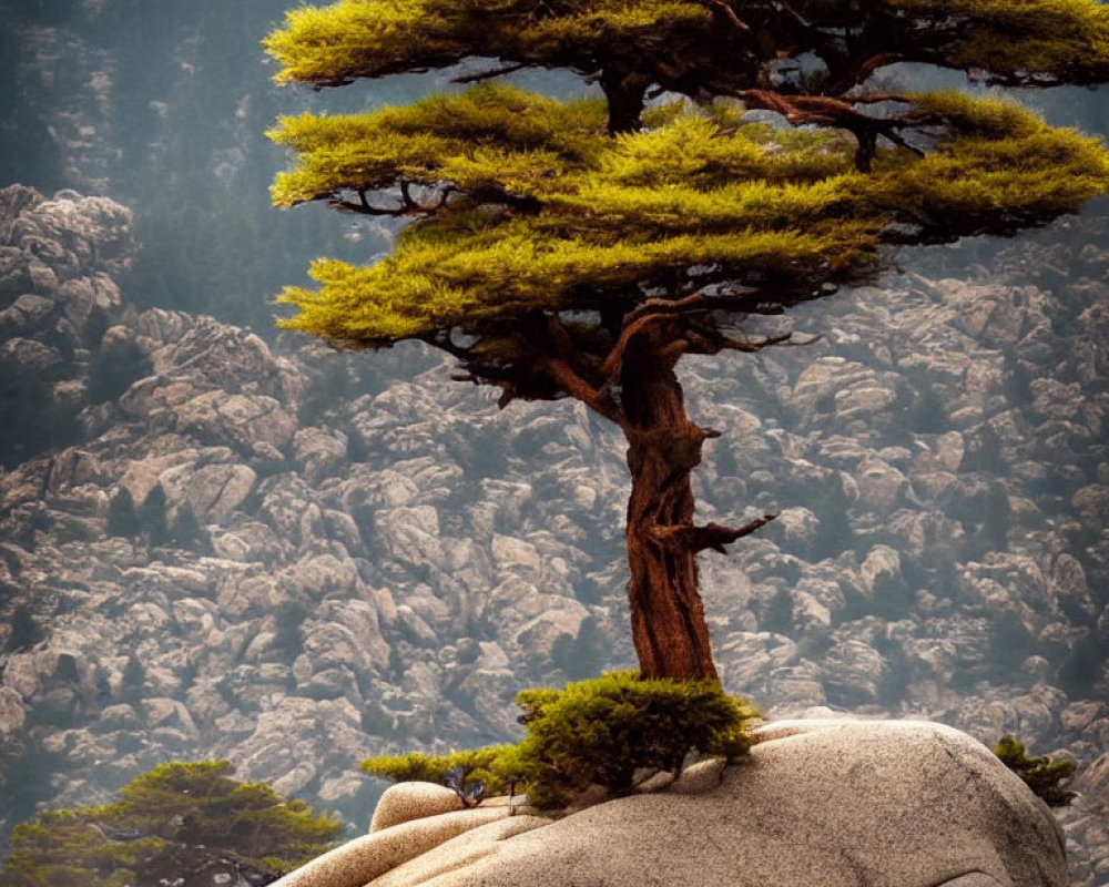 Solitary tree with golden-green leaves on rounded boulder against rugged mountains