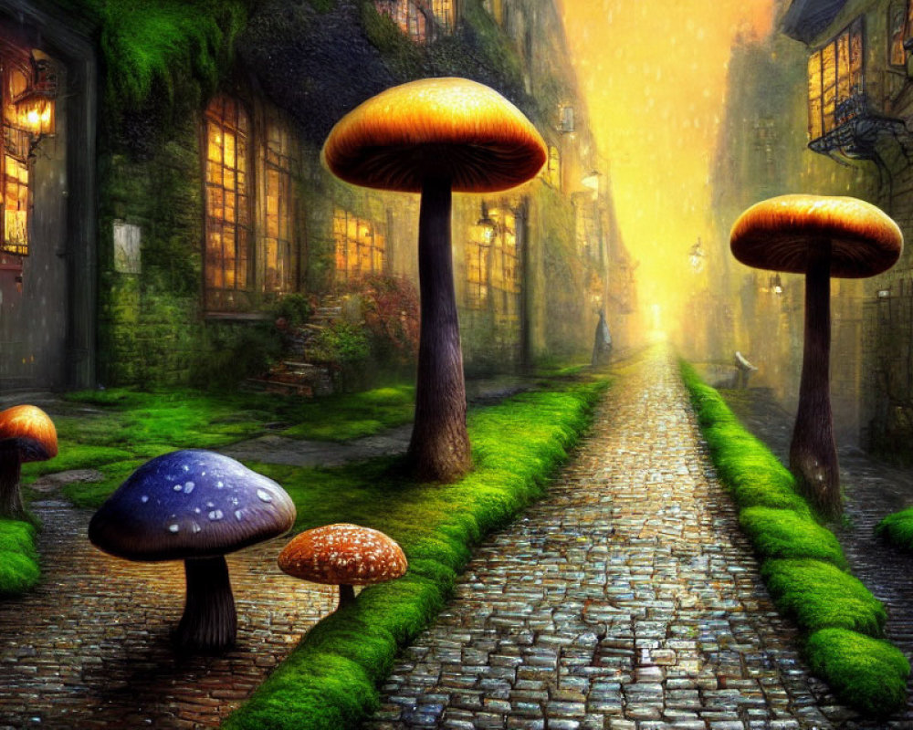 Mossy cobblestone alley with fantastical mushrooms in misty setting