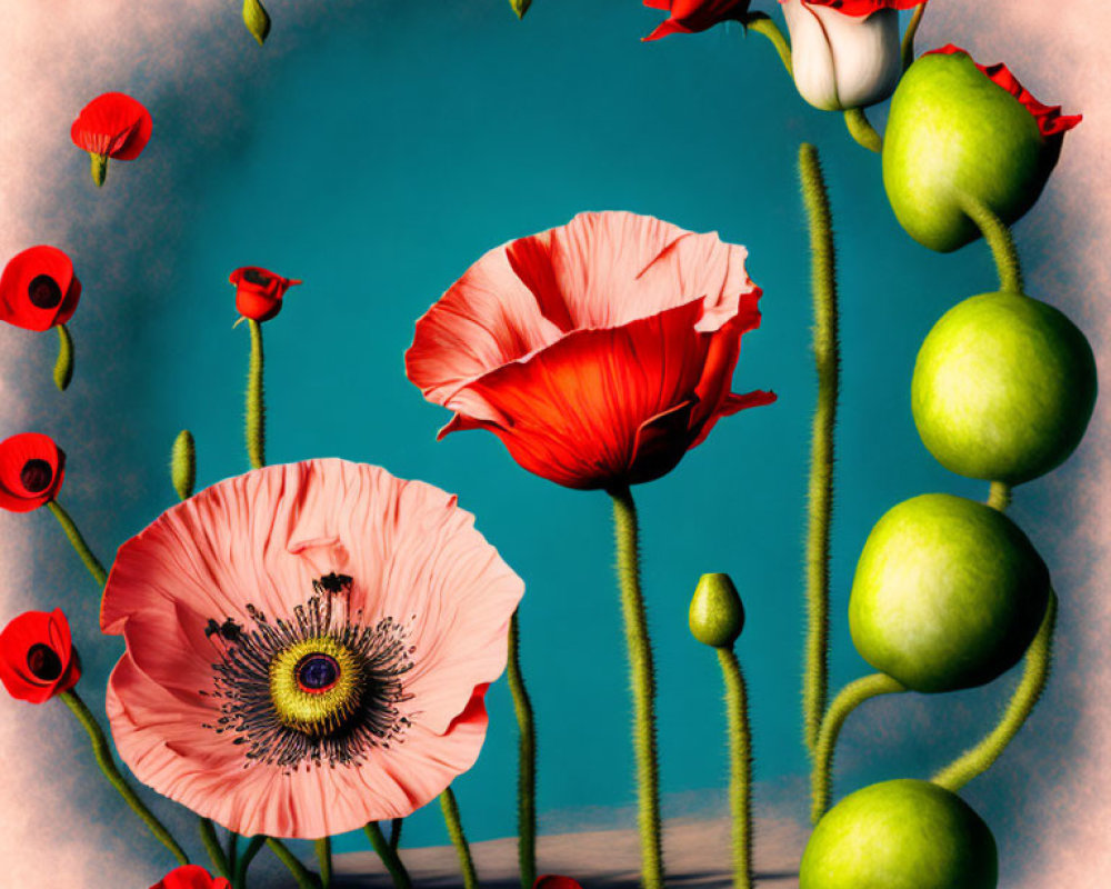 Colorful digital artwork featuring poppies, buds, and green spheres on textured turquoise background