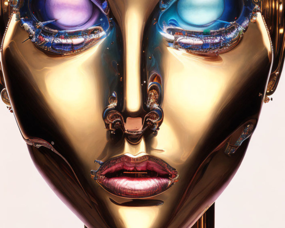 Detailed Golden Robotic Face with Blue Eyes and Human-like Lips