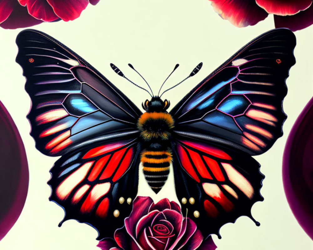 Colorful Butterfly and Roses Artwork with Black, Red, and Blue Wings