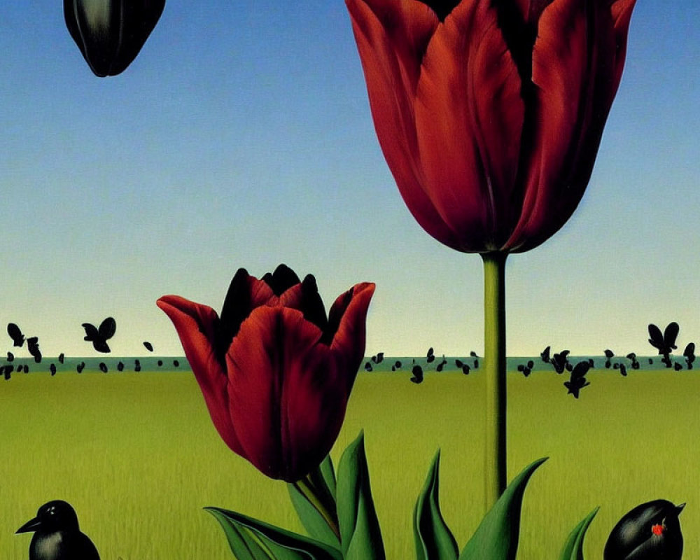 Vibrant red tulips in green field with silhouettes and birds in surreal setting