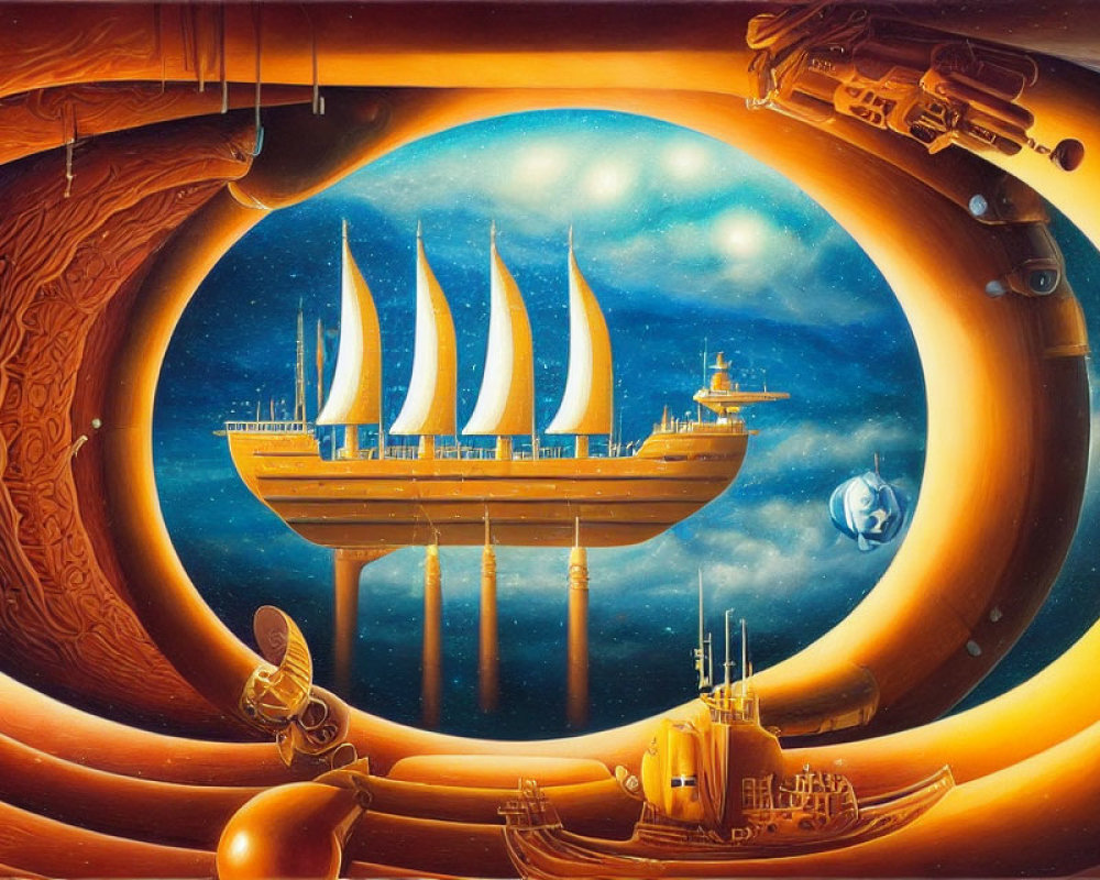 Surreal painting of ship with sails in cosmic backdrop and nautical instruments.