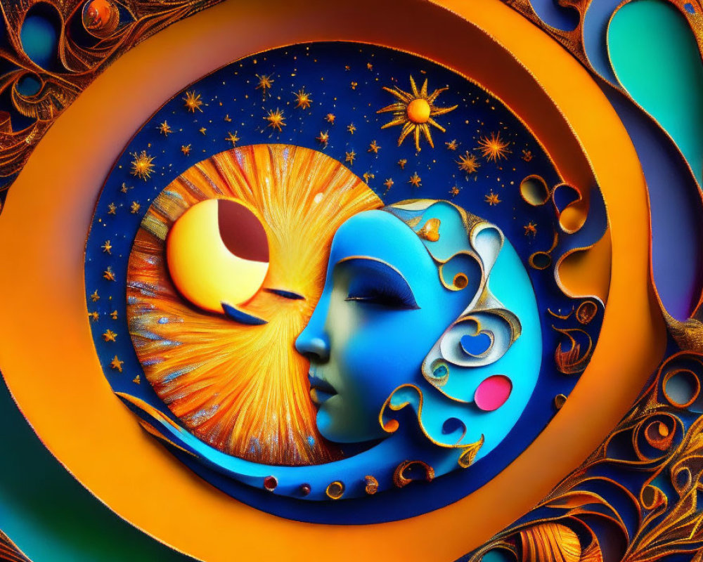 Colorful Surrealist Artwork: Sun, Moon, and Human-like Face in Cosmic Setting