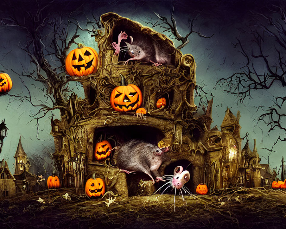 Spooky house with carved pumpkins, rats, and graveyard under dark sky