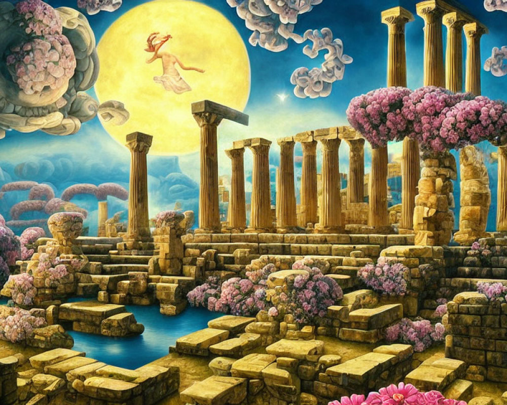 Surreal painting: ancient ruins, pink trees, floating clouds, yellow sun, leaping figure