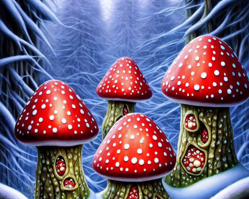 Vibrant red-capped mushrooms in winter forest scene