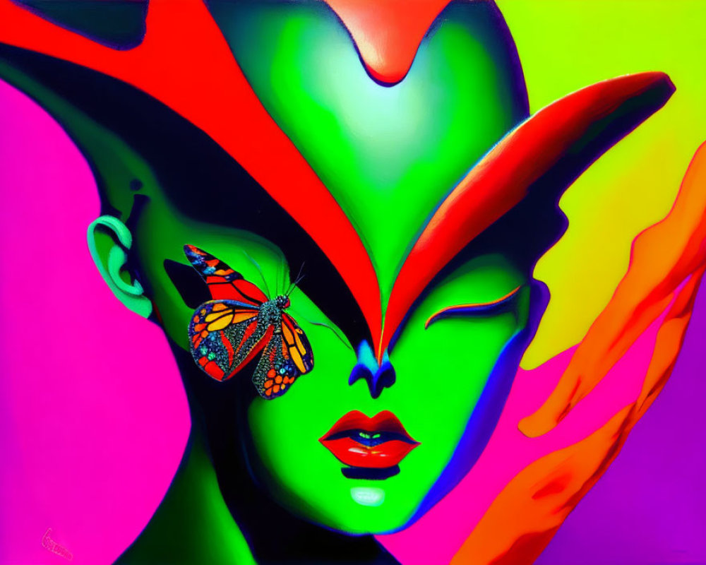 Colorful Surrealist Artwork: Green-Skinned Figure with Butterfly on Nose