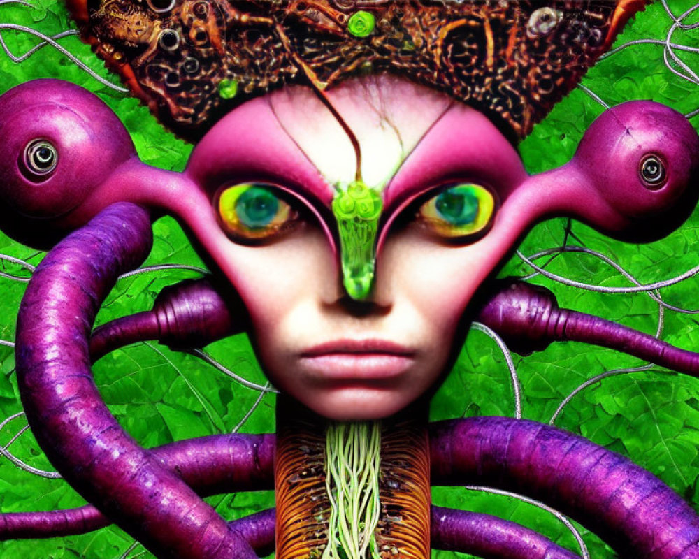 Surreal creature with purple tentacles, green eyes, and intricate skin patterns on vibrant green background